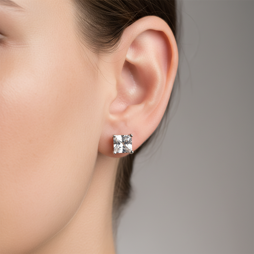White Cz April Month Birthstone Cubic Zirconia Silver Square 4mm x 4mm Claw Set Earring
