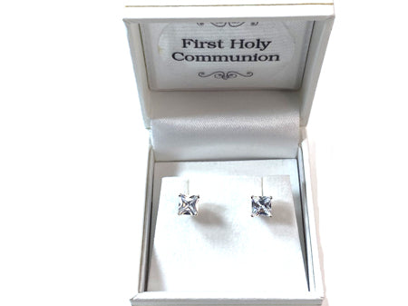 White Cz April Month Birthstone Cubic Zirconia Silver Square 4mm x 4mm Claw Set Earring