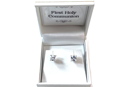 White Cz April Month Birthstone Cubic Zirconia Silver Square 4mm x 4mm Claw Set Earring