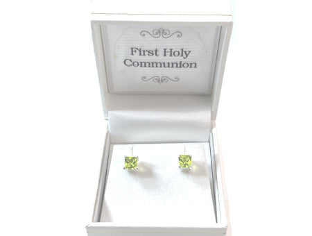 Peridot Cz August Month Birthstone Cubic Zirconia Silver Square 4mm x 4mm Claw Set Earring