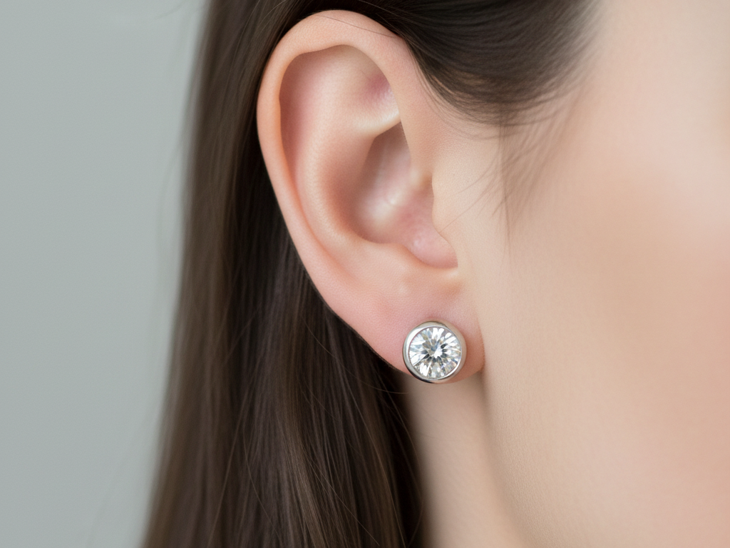 White Cz Silver 6mm Round Rubover Set Earring Boxed.