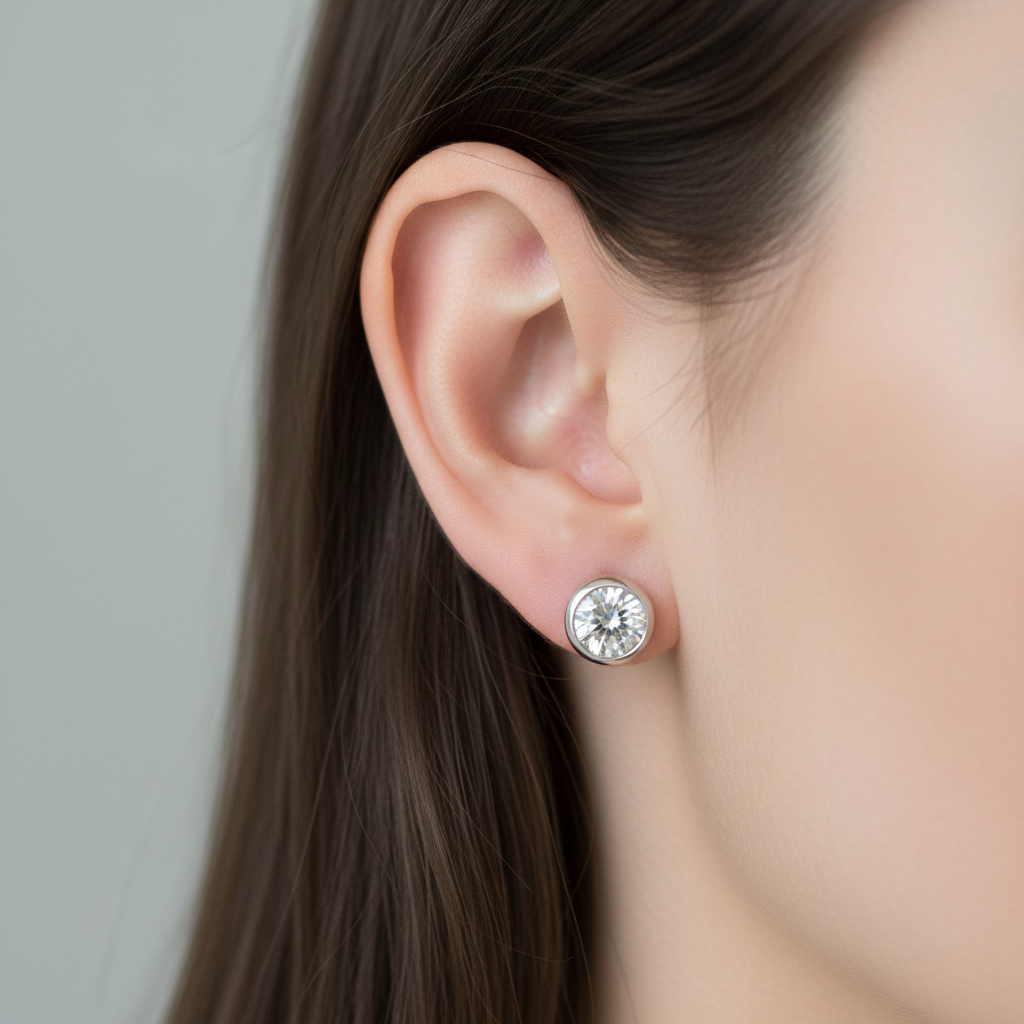 White Cz Silver 6mm Round Rubover Set Earring Boxed.