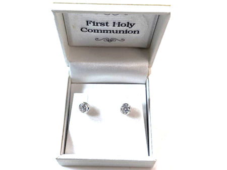 White Cz Silver 6mm Round Rubover Set Earring Boxed.