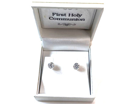 White Cz Silver 6mm Round Rubover Set Earring Boxed.