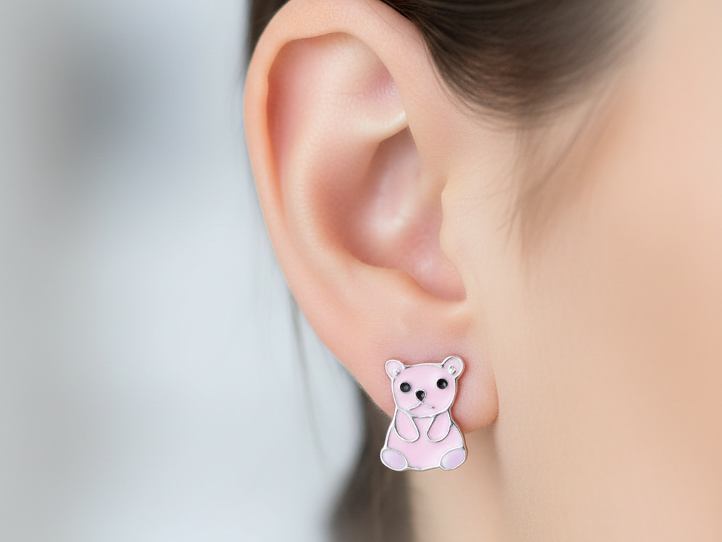 Silver Kids Teddy Pink Earring