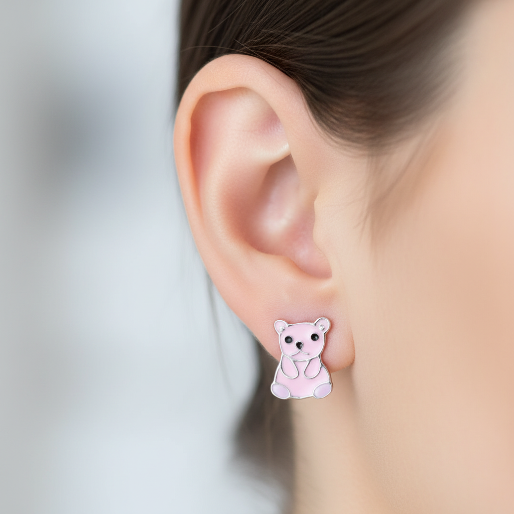Silver Kids Teddy Pink Earring