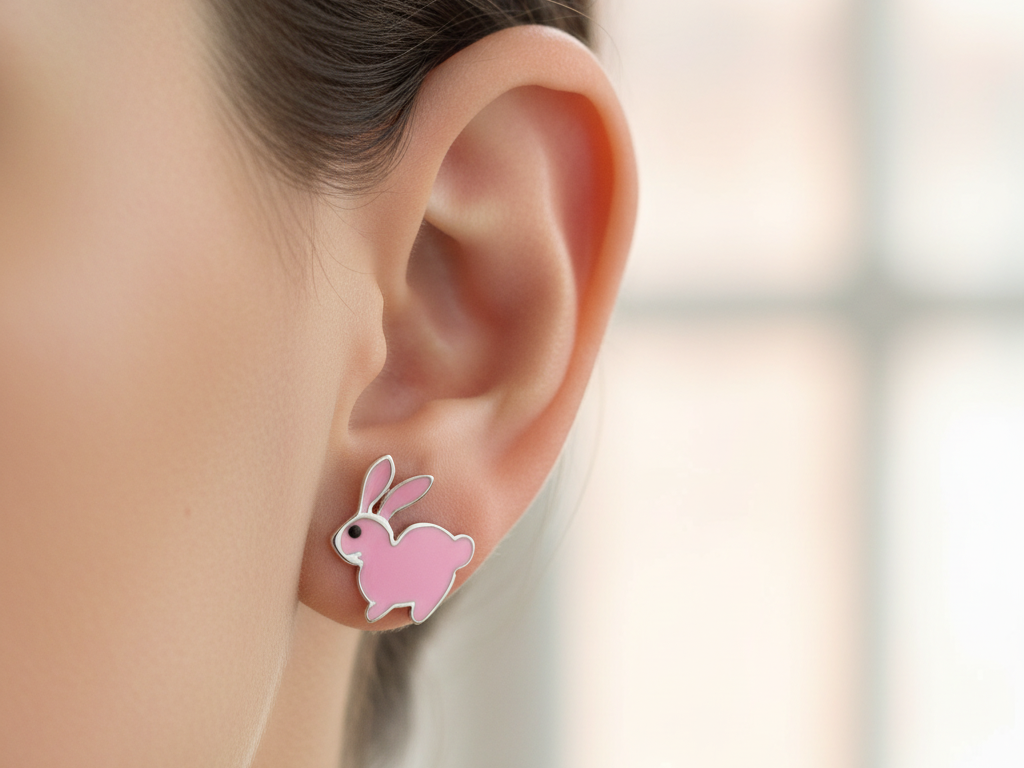 Silver Kids Rabbit Pink Earring