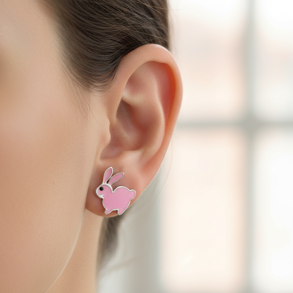 Silver Kids Rabbit Pink Earring