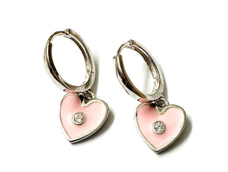 Pink Enamelled Silver Heart Huggies Earring