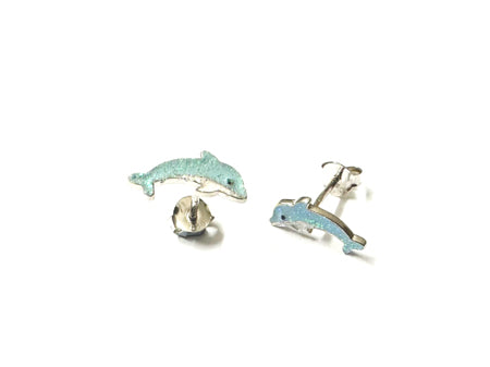 Blue Enamelled Silver Dolphin Earring