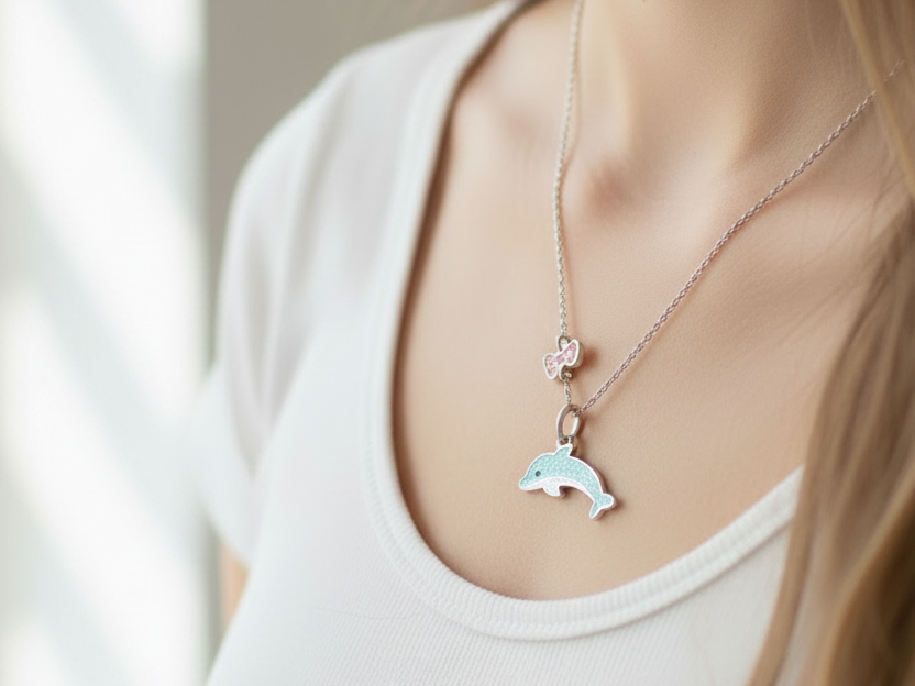 Blue Enamelled Silver Dolphin Pendant Chained