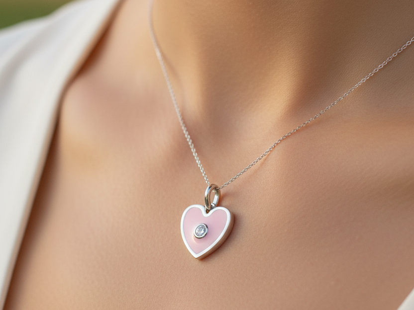 Pink Enamelled Silver Heart Pendant