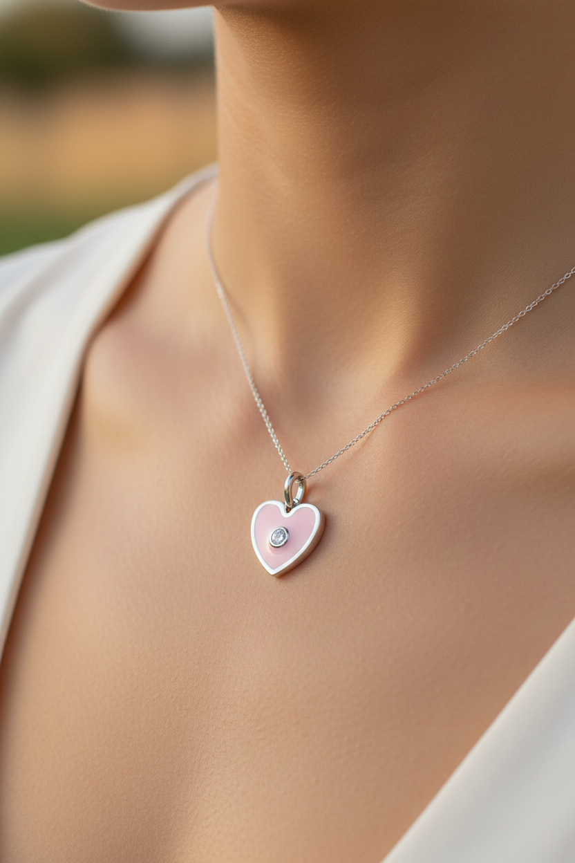 Pink Enamelled Silver Heart Pendant