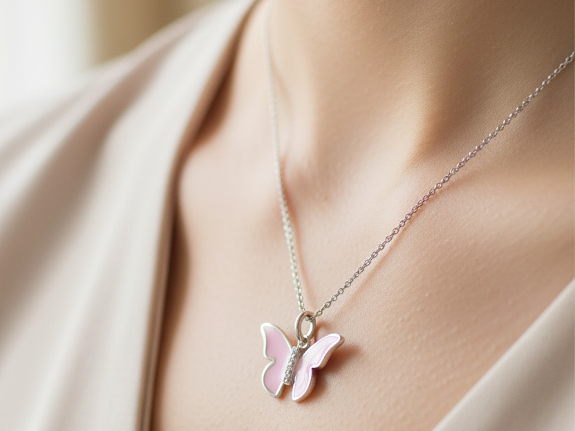 Pink Enamelled Silver Butterfly Pendant Chained