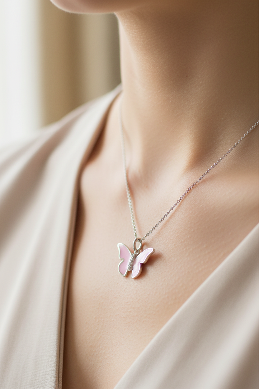 Pink Enamelled Silver Butterfly Pendant Chained