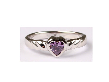 A Kids Amethyst Cz Silver Heart Shaped Ring.
