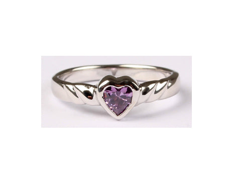 A Kids Amethyst Cz Silver Heart Shaped Ring.