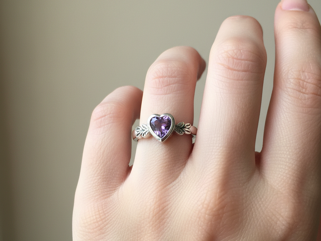 A Kids Amethyst Cz Silver Heart Shaped Ring.