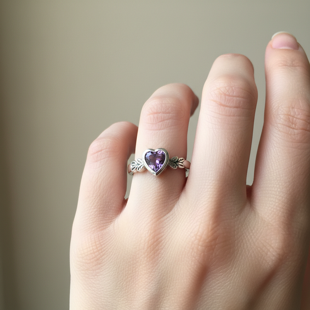 A Kids Amethyst Cz Silver Heart Shaped Ring.
