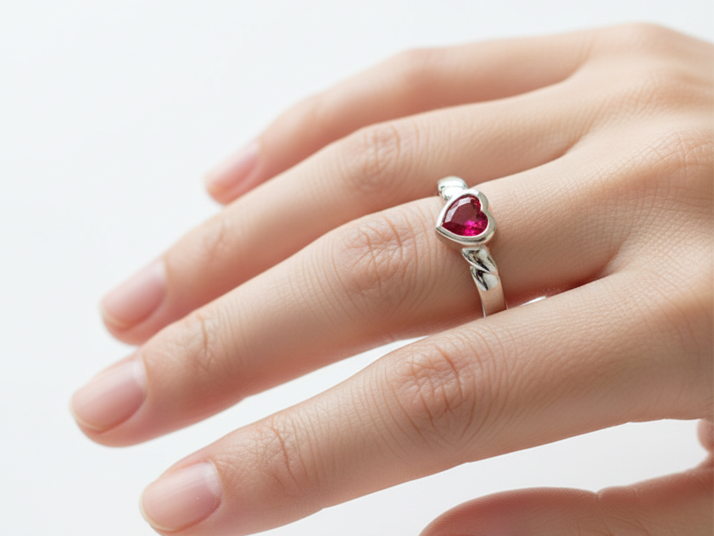 A Kids Ruby Cz Silver Heart Shaped Ring.