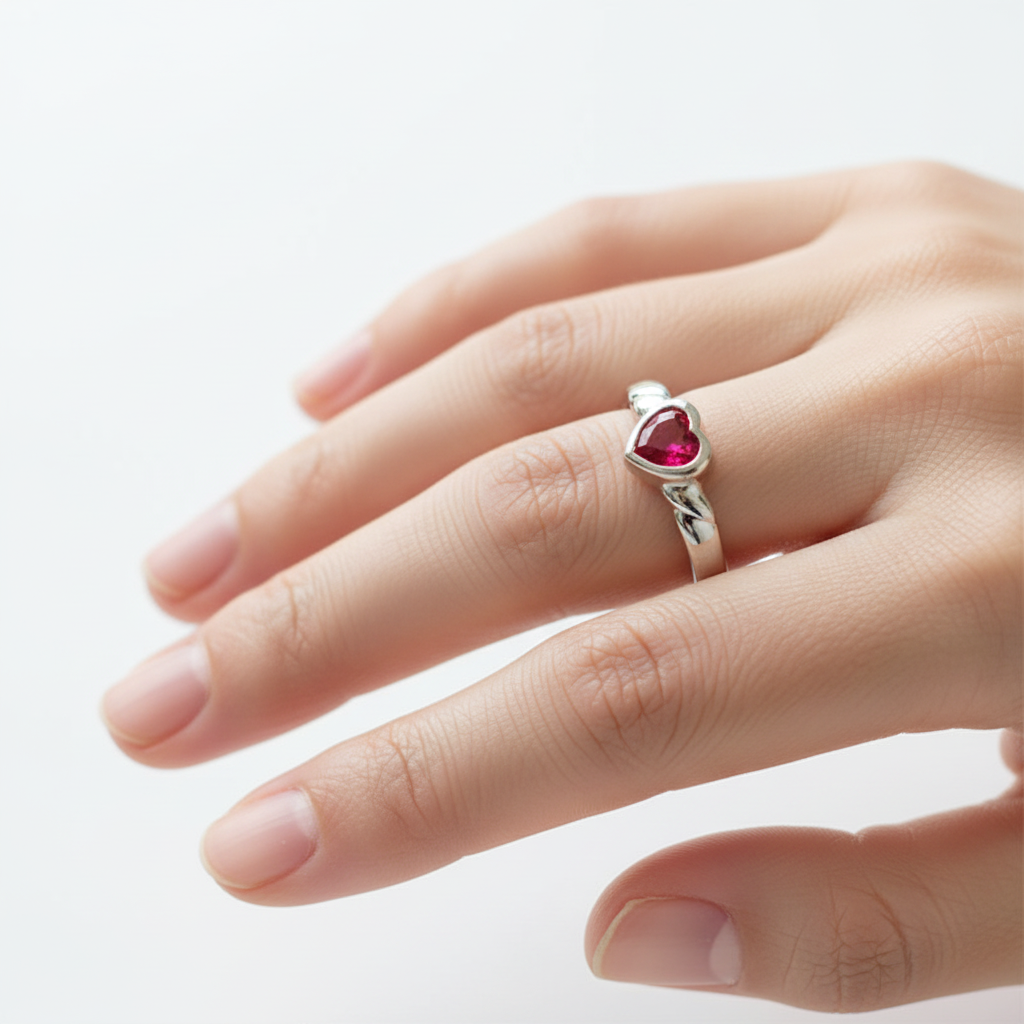 A Kids Ruby Cz Silver Heart Shaped Ring.