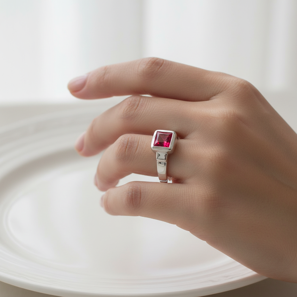 A Kids Ruby Cz Silver Ring