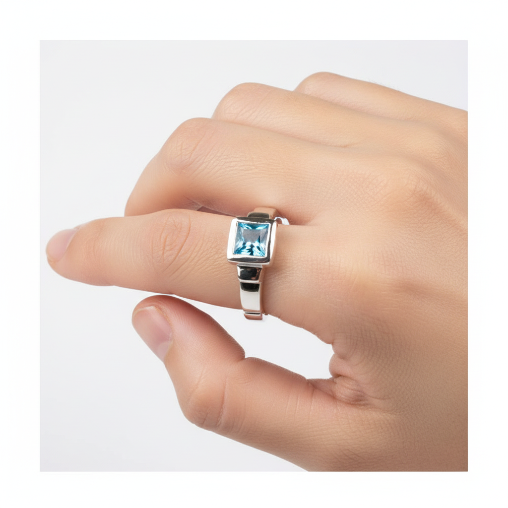 A Kids Aqua Cz Silver Ring.