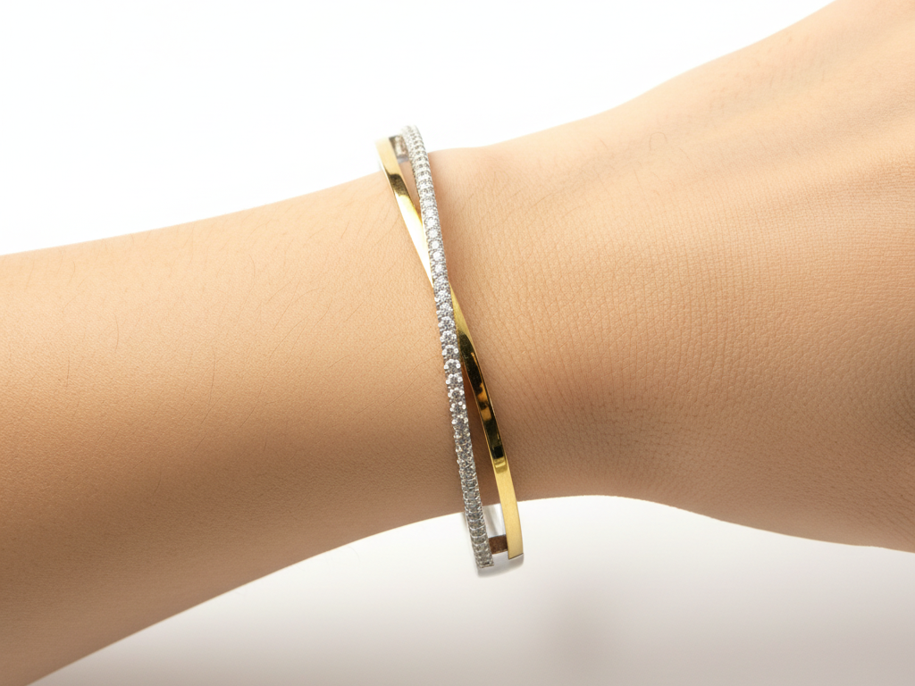 A White Cubic Zirconia Yellow plated Silver 2 Tone Bangle.