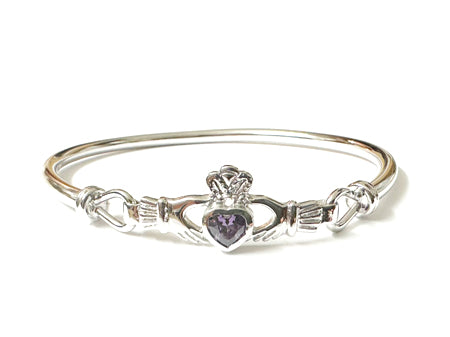 Claddagh Silver Bangle with Amethyst Cubic Zirconia Stone