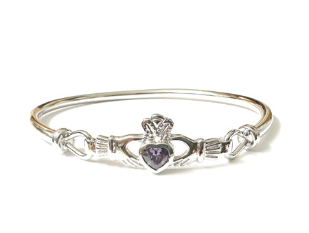 Claddagh Silver Bangle with Amethyst Cubic Zirconia Stone