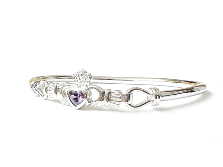 Claddagh Silver Bangle with Amethyst Cubic Zirconia Stone