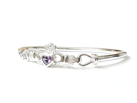 Claddagh Silver Bangle with Amethyst Cubic Zirconia Stone
