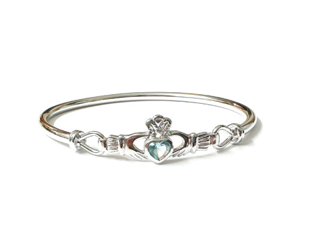 Claddagh Silver Bangle with Aquamarine Cubic Zirconia Stone