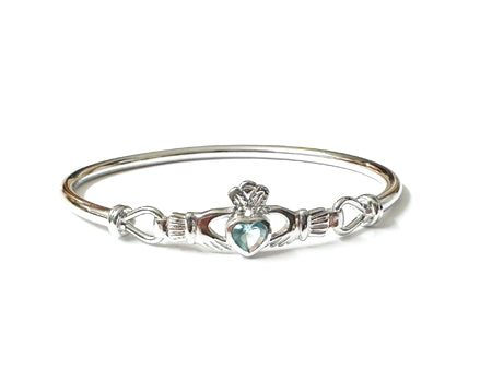 Claddagh Silver Bangle with Aquamarine Cubic Zirconia Stone
