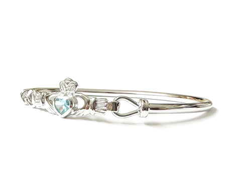 Claddagh Silver Bangle with Aquamarine Cubic Zirconia Stone