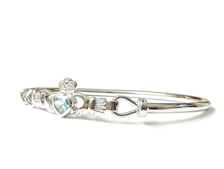 Claddagh Silver Bangle with Aquamarine Cubic Zirconia Stone