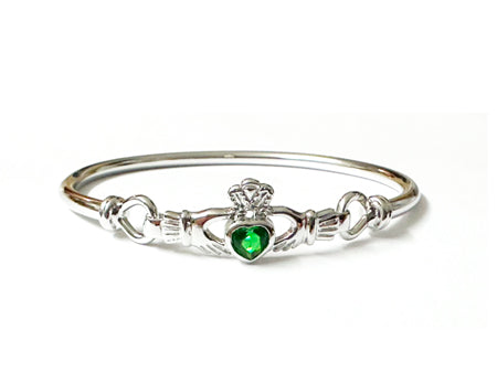 Claddagh Silver Bangle with Emerald Cubic Zirconia Stone