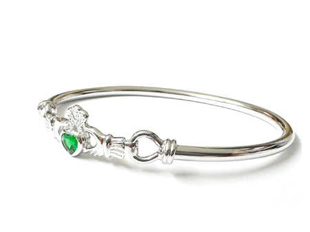 Claddagh Silver Bangle with Emerald Cubic Zirconia Stone