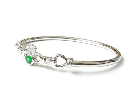 Claddagh Silver Bangle with Emerald Cubic Zirconia Stone