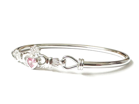 Claddagh Silver Bangle with Pink Cubic Zirconia Stone