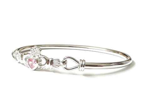 Claddagh Silver Bangle with Pink Cubic Zirconia Stone