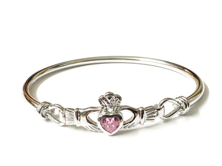 Claddagh Silver Bangle with Pink Cubic Zirconia Stone