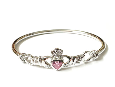 Claddagh Silver Bangle with Pink Cubic Zirconia Stone