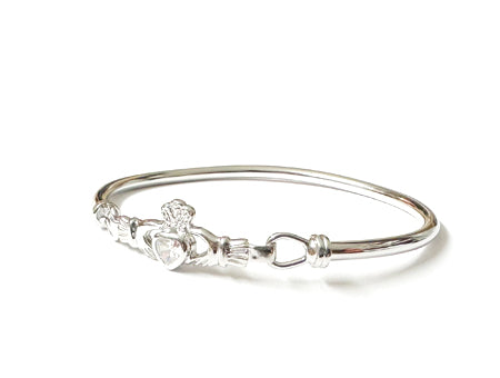 Claddagh Silver Bangle with White Cubic Zirconia Stone