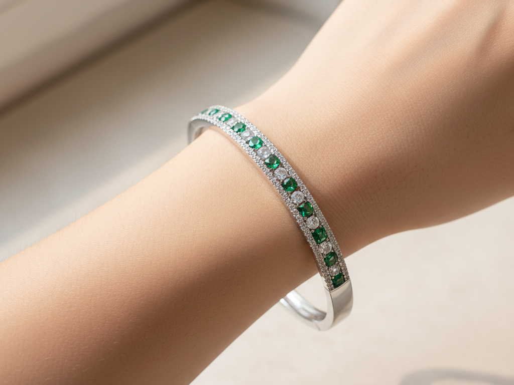 Emerald Cubic Zirconia Silver Bangle.