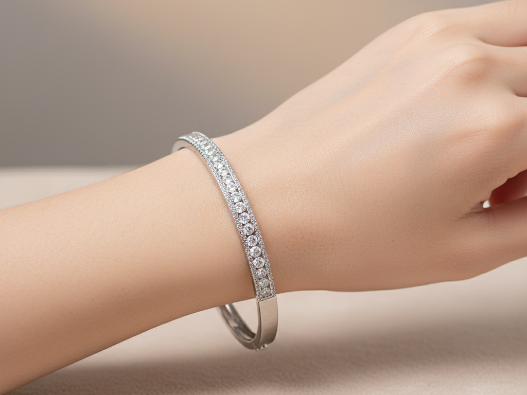 White Cubic Zirconia Silver Bangle.