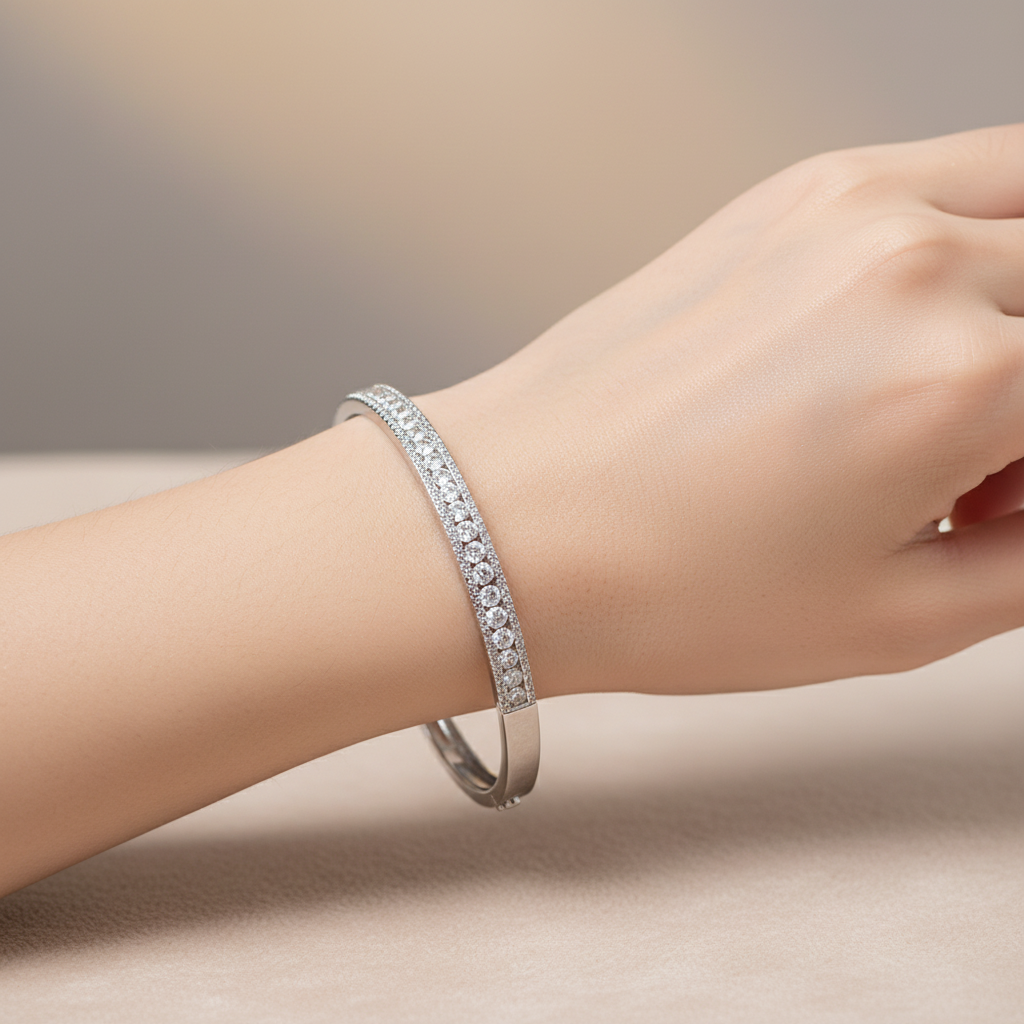 White Cubic Zirconia Silver Bangle.