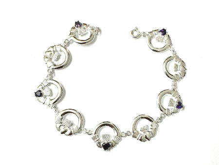Claddagh Bracelet with Silver and Amethyst Cubic Zirconia Stone