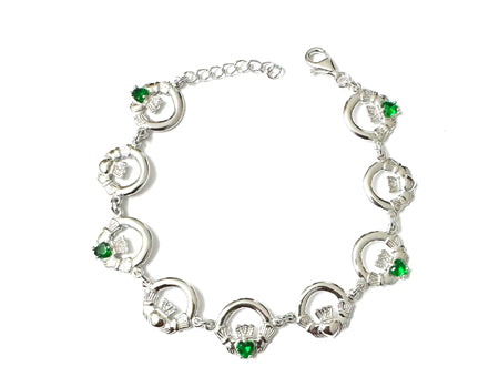 Claddagh Bracelet with Silver and Green Cubic Zirconia Stone