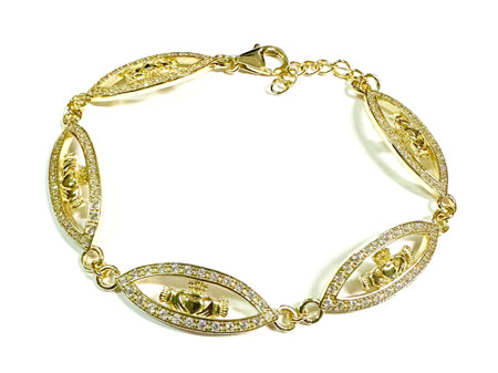 Silver Claddagh Bracelet With Cz stones and Gold Plating.